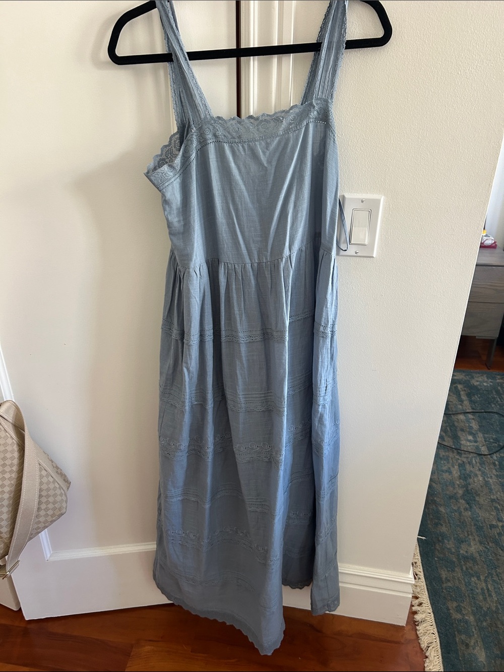 THE GREAT. Powder Blue Lace-Trim Maxi Dress